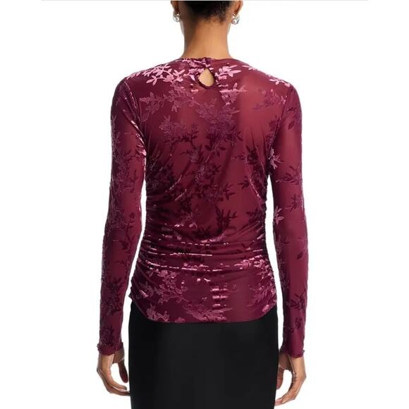 WAYF Women Merlot Red Floral Sheer Jersey Ruched Long Sleeves Slim Top Size XS - Picture 3 of 6